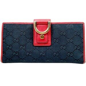 Gucci Rare Long Wallet Purse Logo GG Black Red Canvas Leather Trim D Ring 141412